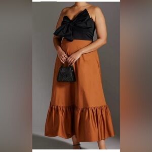 Anthropologie Hutch 24W Bow-Tie Maxi Dress Black Motif Bronze Tier Strapless